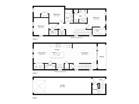 A floor plan of a house with four bedrooms, a garage, and a living room.